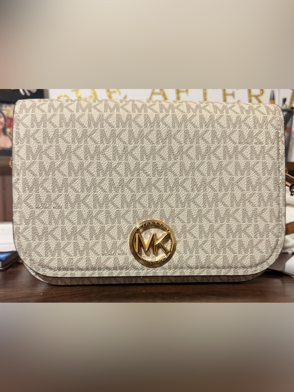 Michael Kors Beige Signature MK Logo Crossbody with Gold Logo